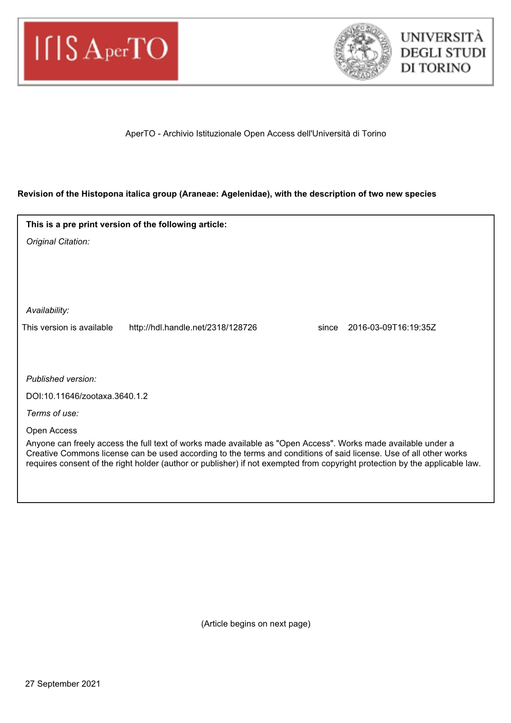 Revision of the Histopona Italica Group (Araneae: Agelenidae), with the Description of Two New Species