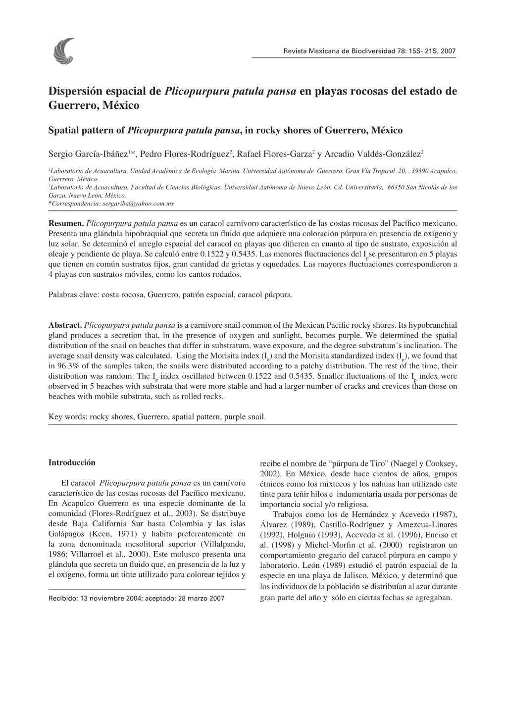 Dispersión Espacial De Plicopurpura Patula Pansa En Playas Rocosas Del Estado De Guerrero, México