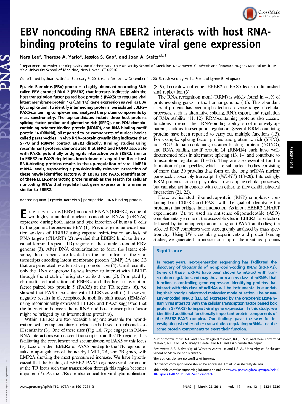 EBV Noncoding RNA EBER2 Interacts with Host RNA-Binding Proteins to Regulate Viral Gene Expression