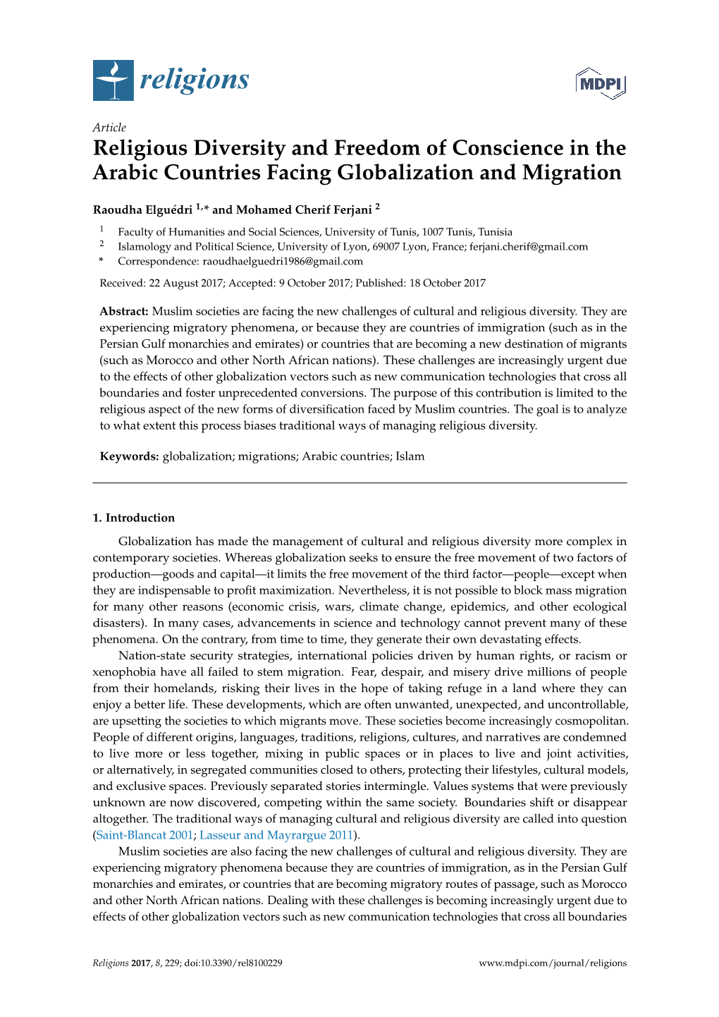 Religious Diversity and Freedom of Conscience in the Arabic Countries Facing Globalization and Migration