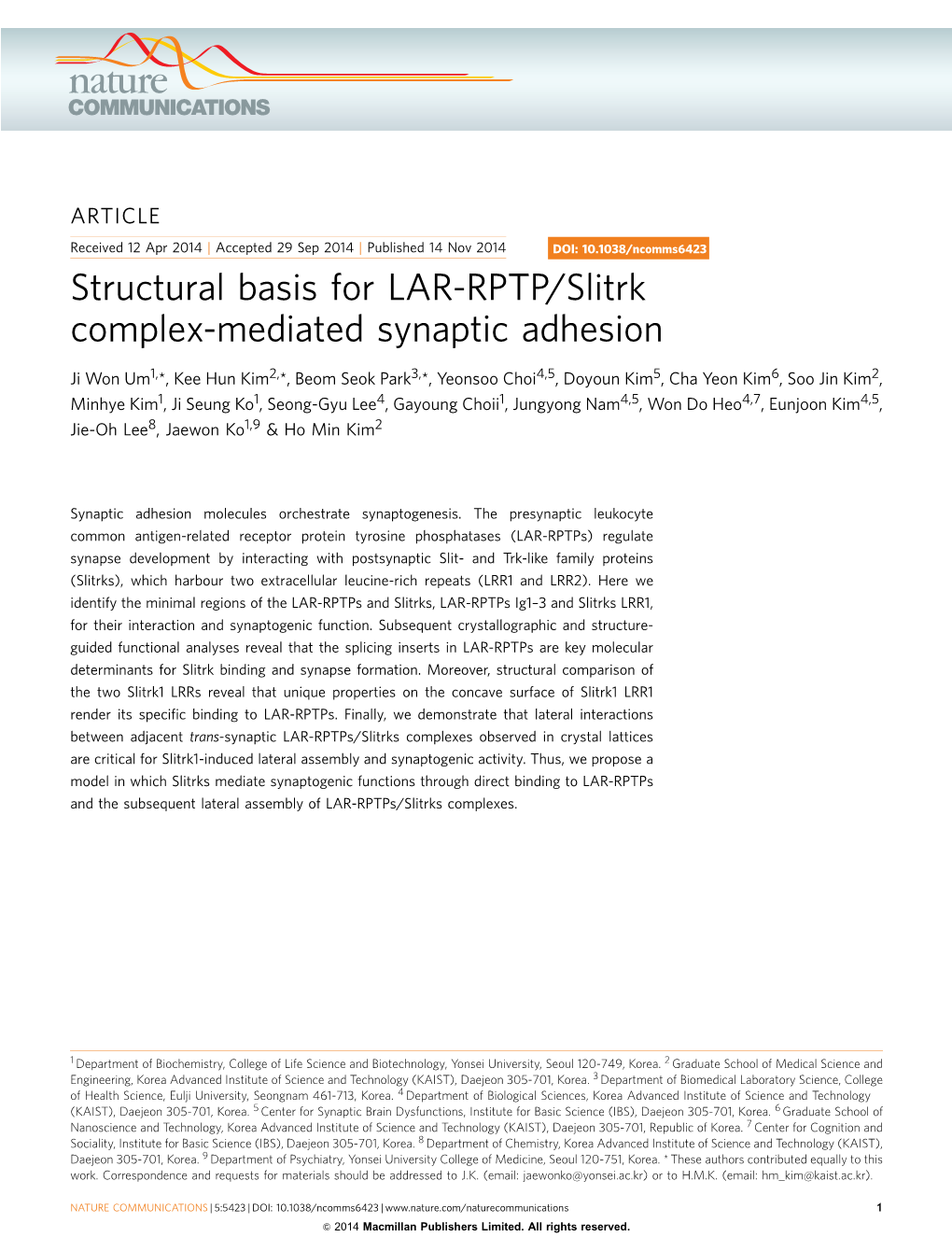 Structural Basis for LAR-RPTP/Slitrk Complex-Mediated Synaptic Adhesion