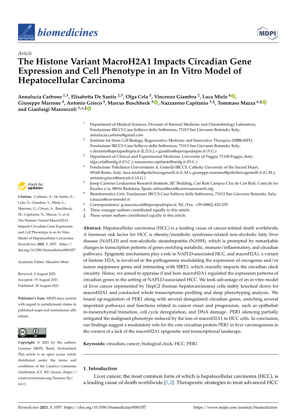 The Histone Variant Macroh2a1 Impacts Circadian Gene Expression and Cell Phenotype in an in Vitro Model of Hepatocellular Carcinoma