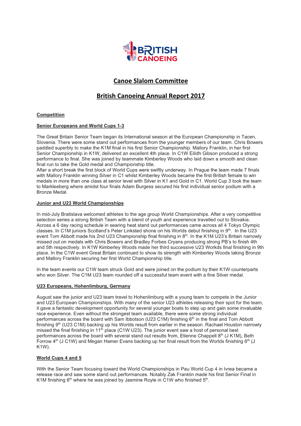 Canoe Slalom Committee British Canoeing Annual Report 2017