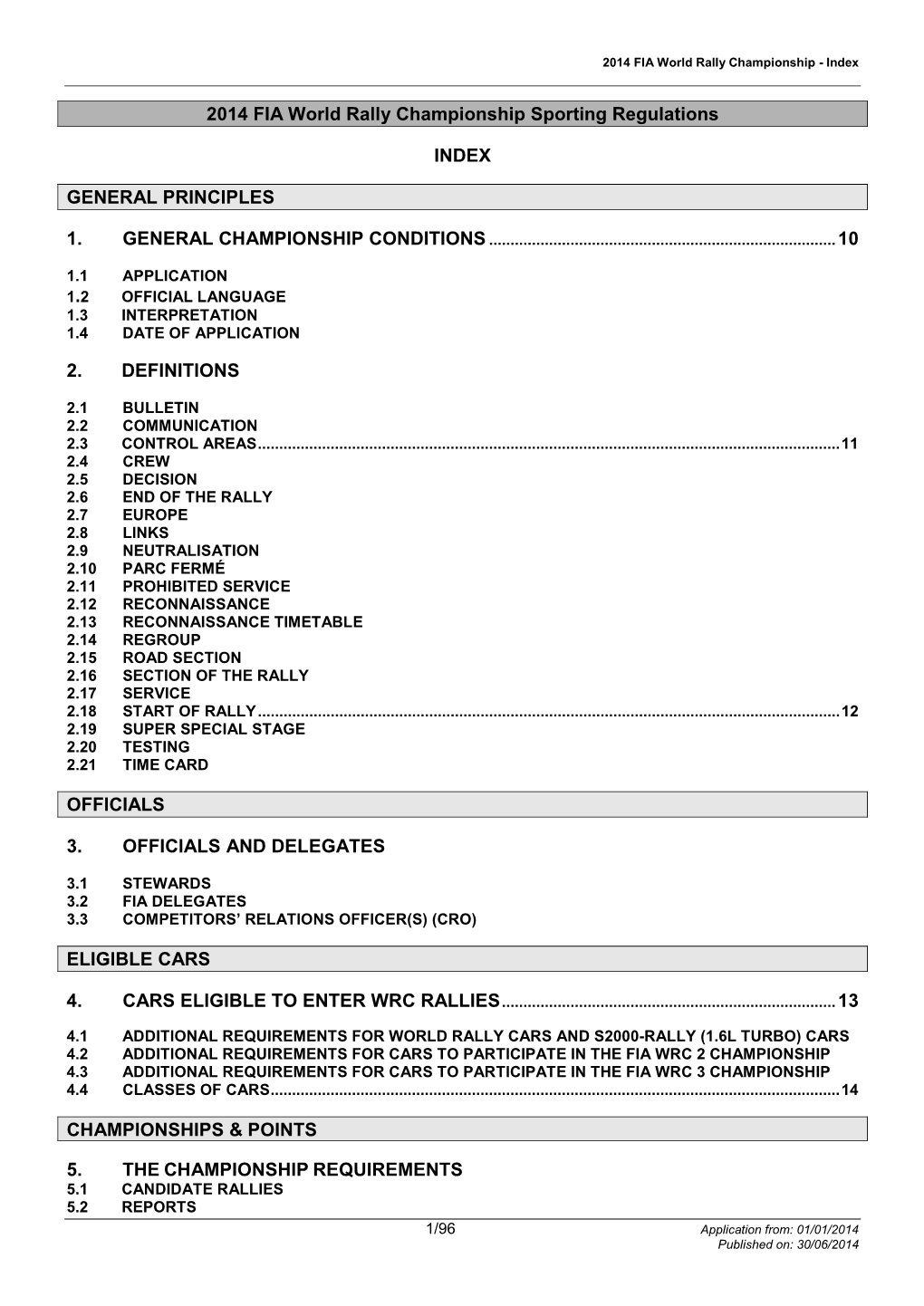 2014 FIA World Rally Championship Sporting Regulations INDEX