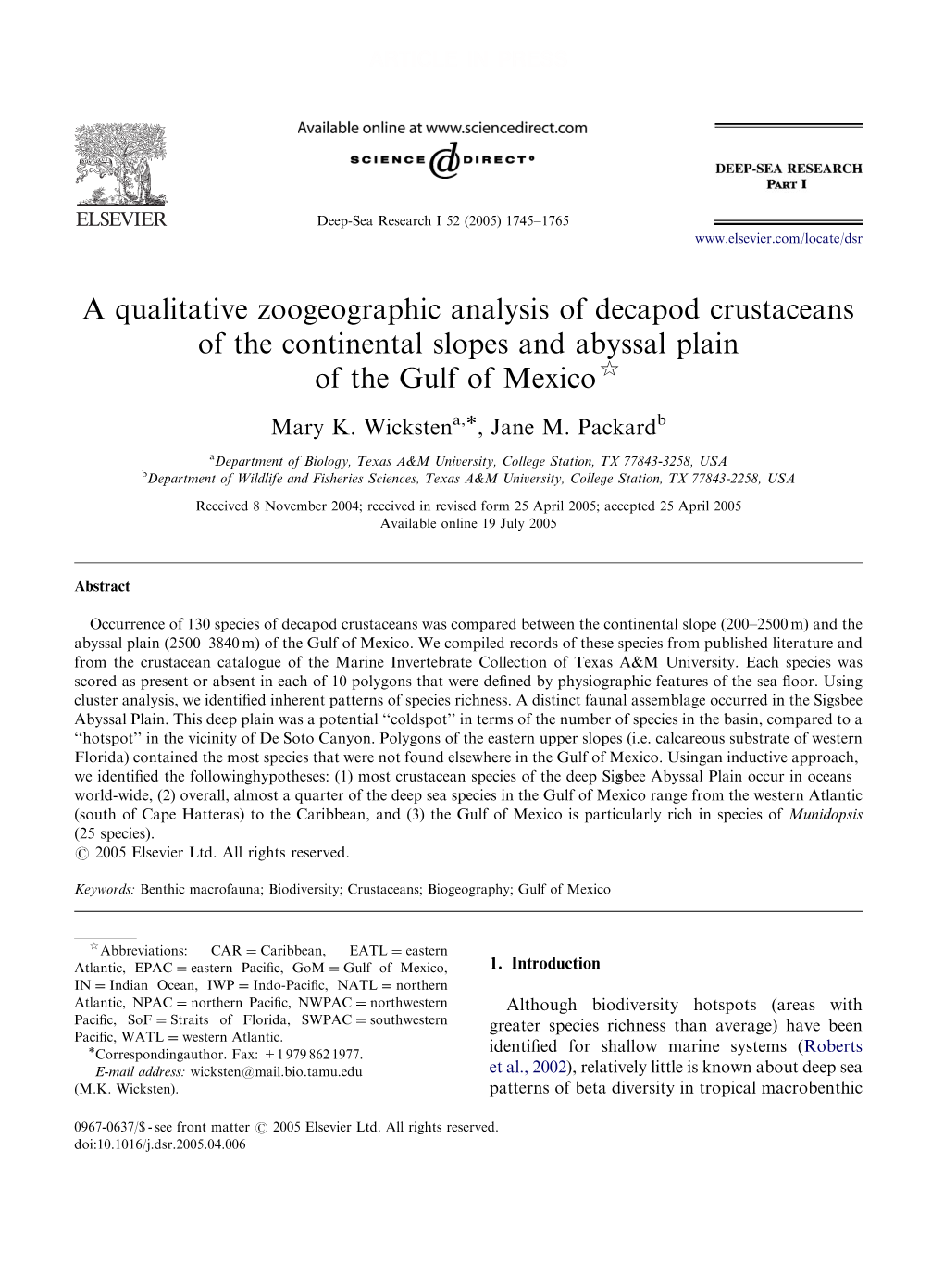 A Qualitative Zoogeographic Analysis of Decapod Crustaceans of the Continental Slopes and Abyssal Plain of the Gulf of Mexico$