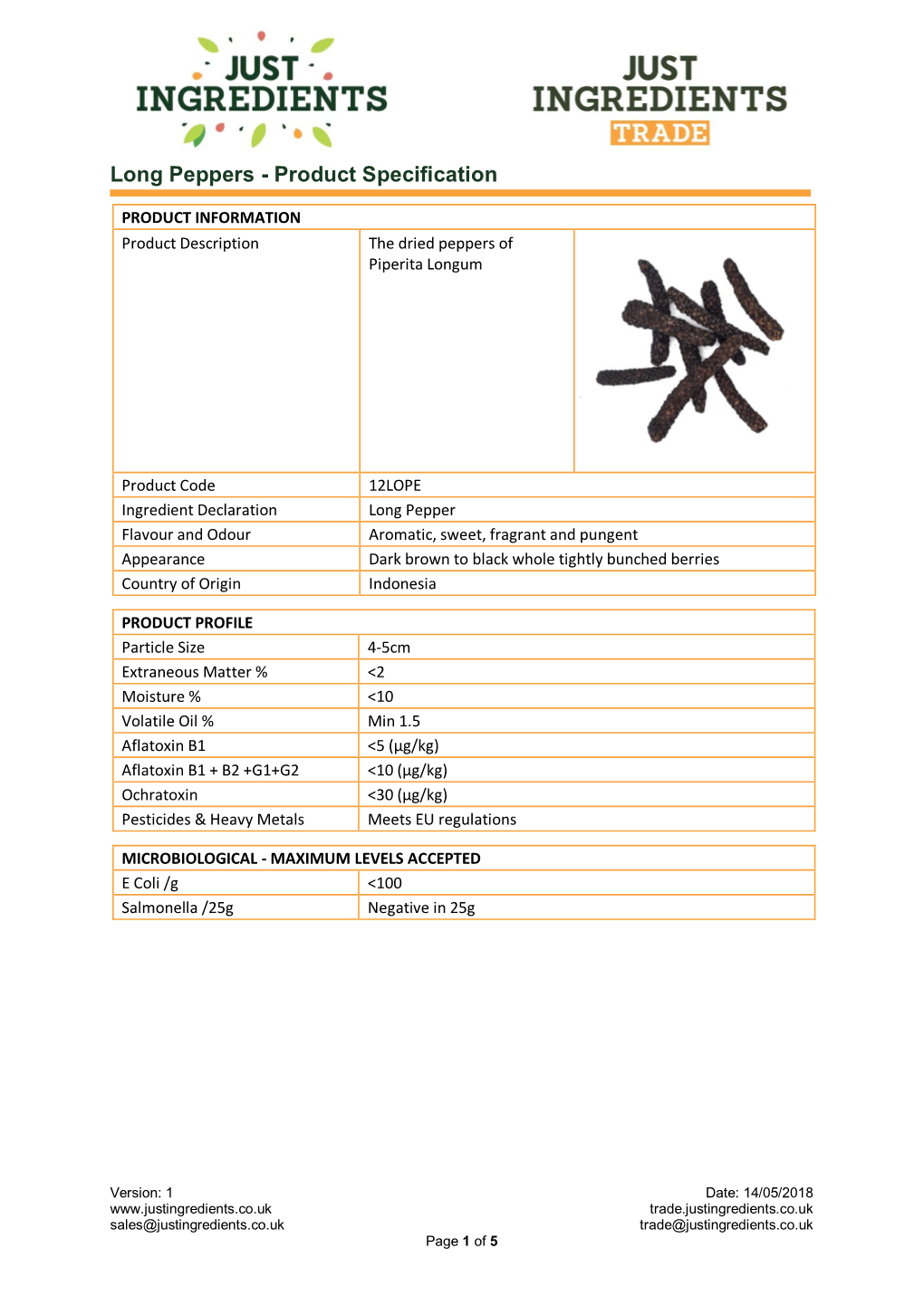 Long Peppers - Product Specification