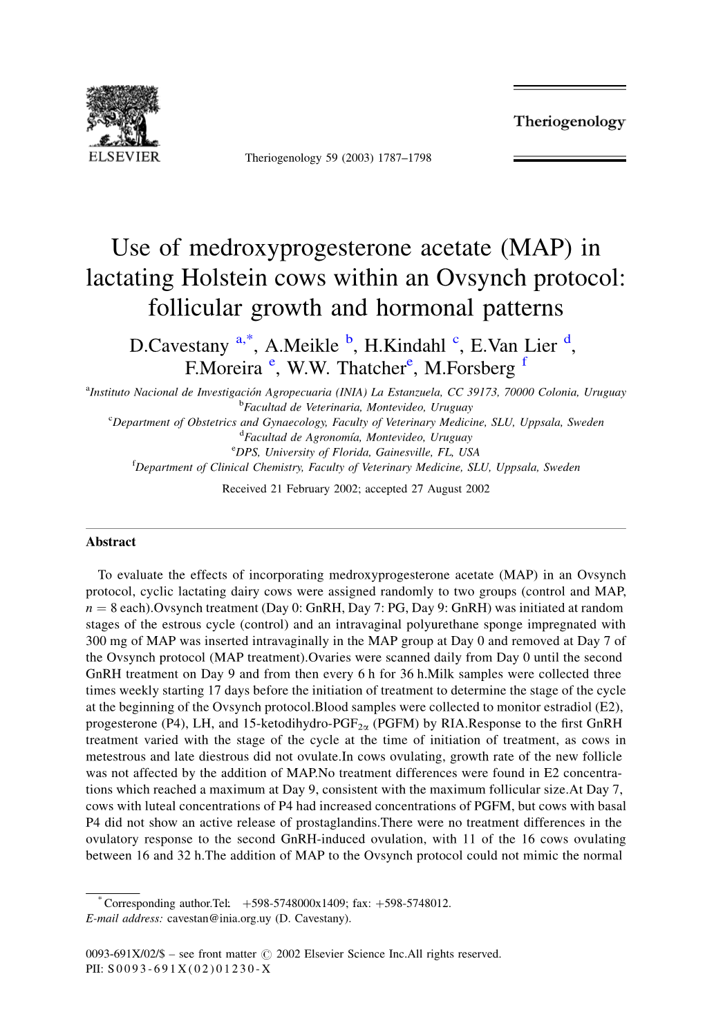 (MAP) in Lactating Holstein Cows Within an Ovsynch Protocol