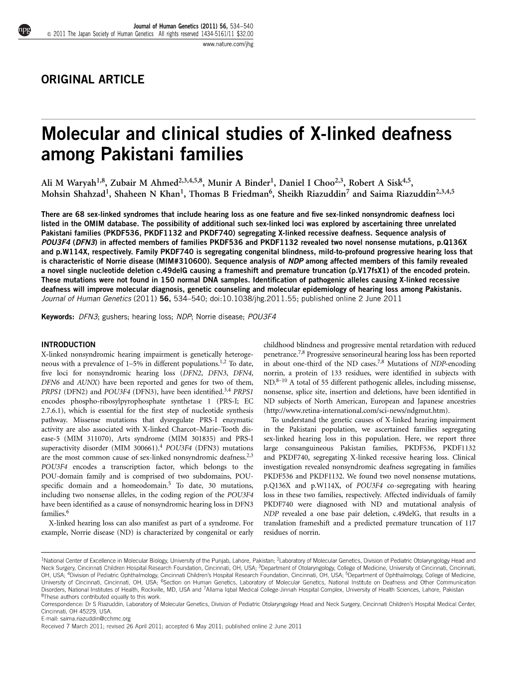 Molecular and Clinical Studies of X-Linked Deafness Among Pakistani Families