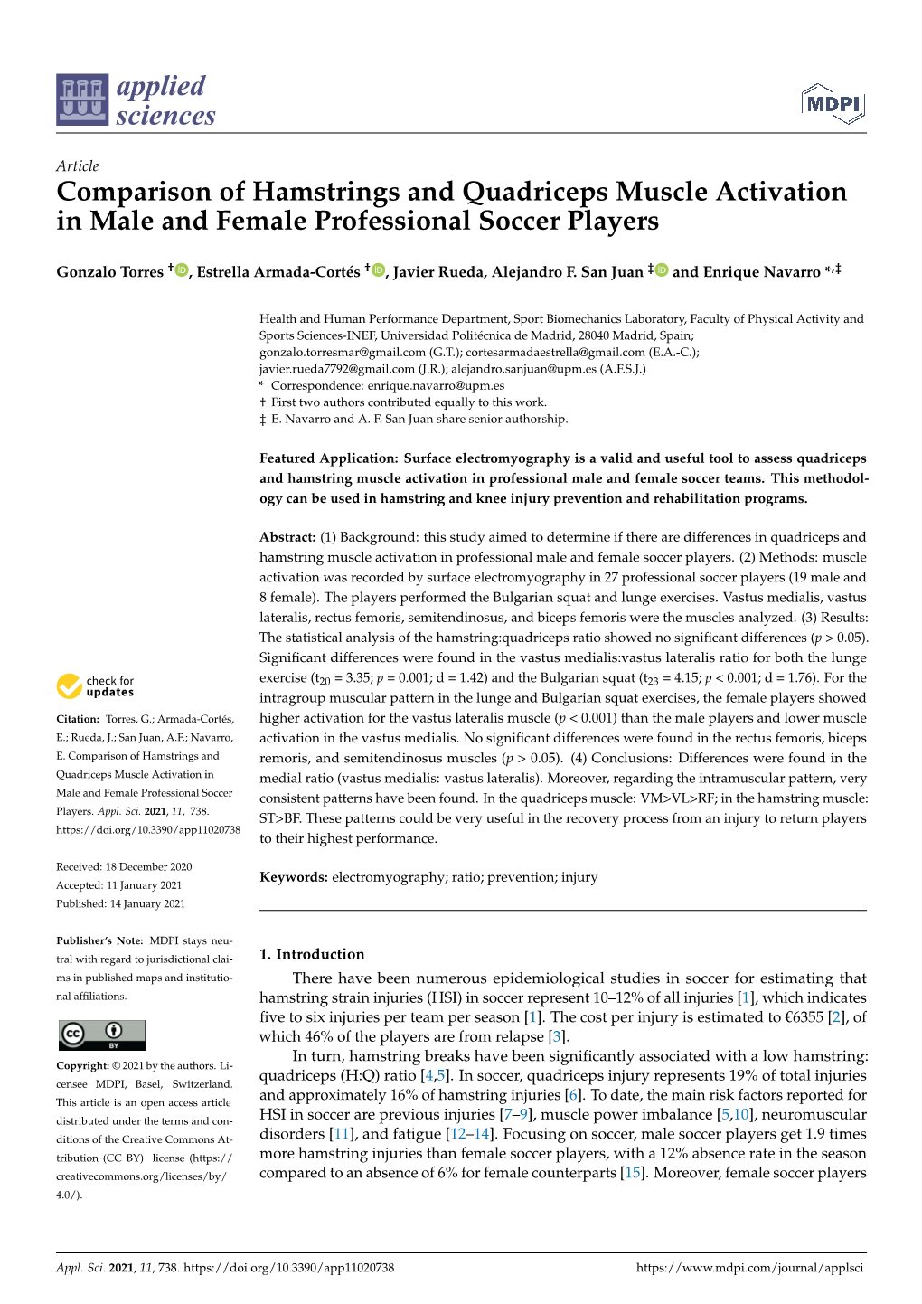 Comparison of Hamstrings and Quadriceps Muscle Activation in Male and Female Professional Soccer Players