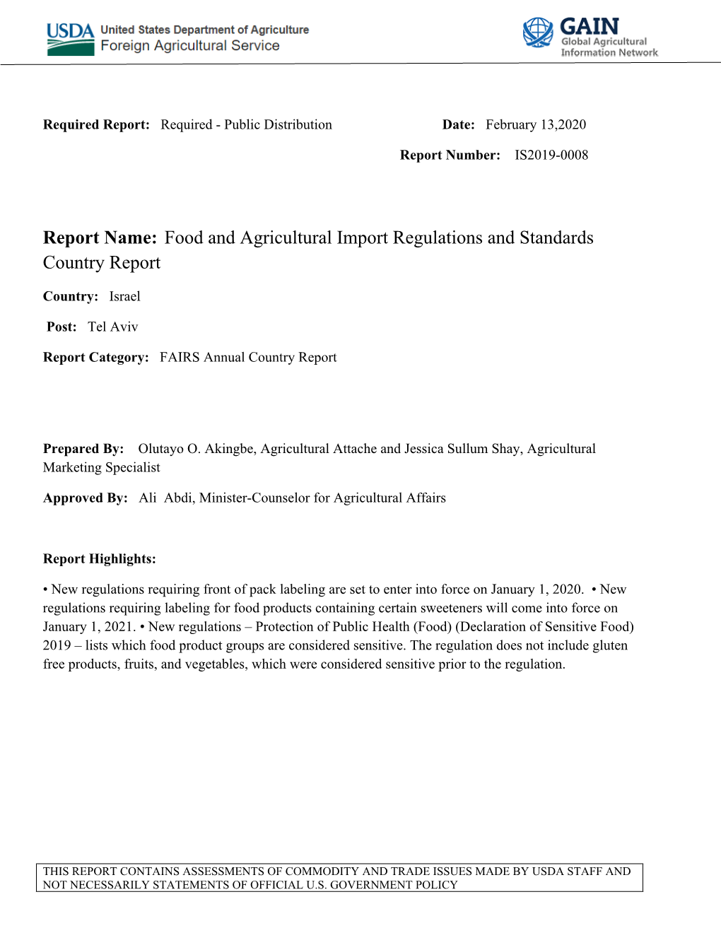 Israel Food and Agricultural Import Regulations and Standards