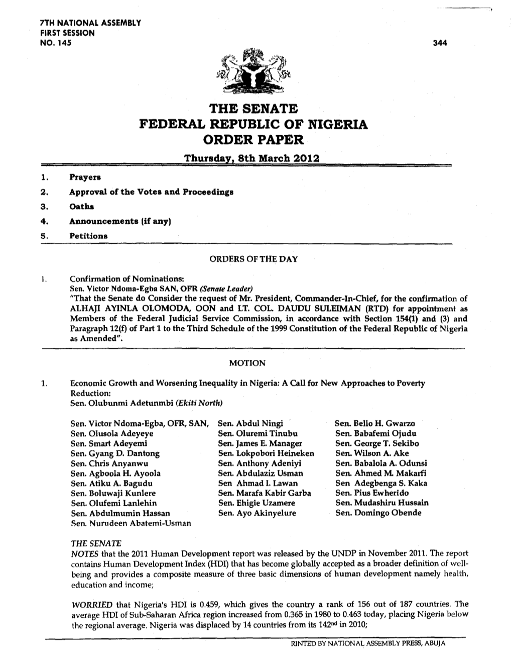 FEDERAL REPUBLIC of NIGERIA ORDER PAPER Thursday, 8Th March 2012