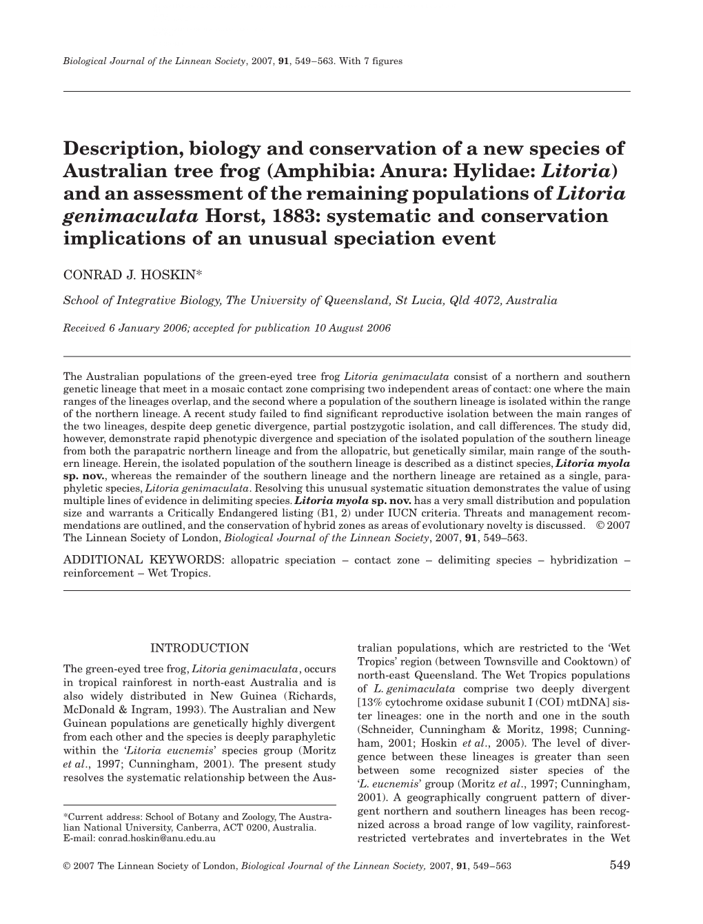 Description, Biology and Conservation of a New