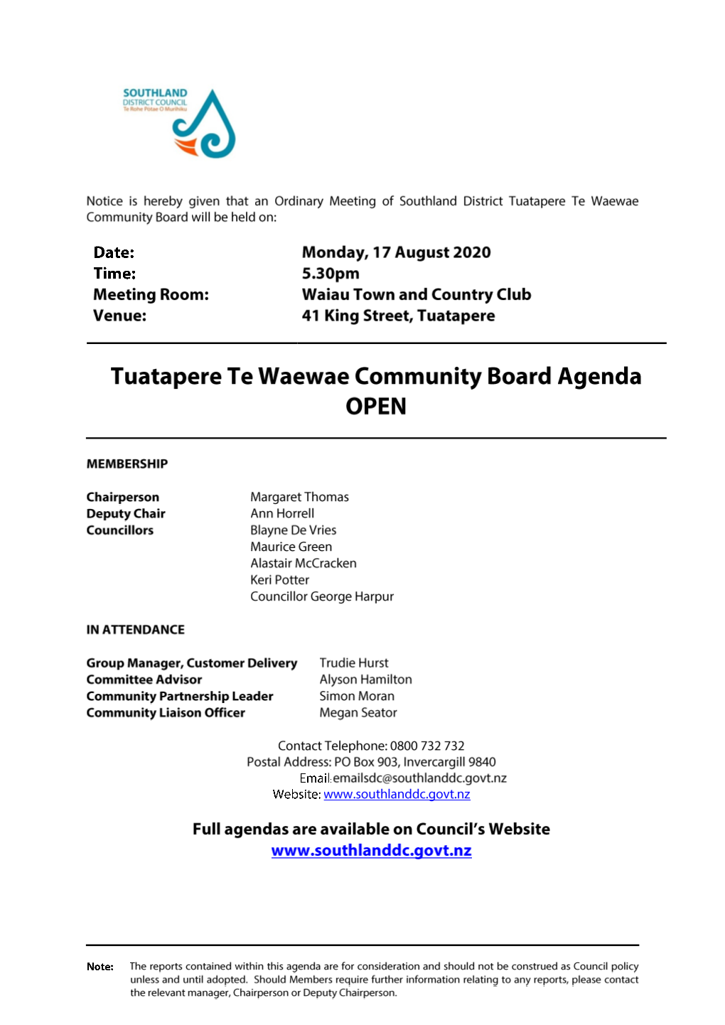 Agenda of Tuatapere Te Waewae Community Board