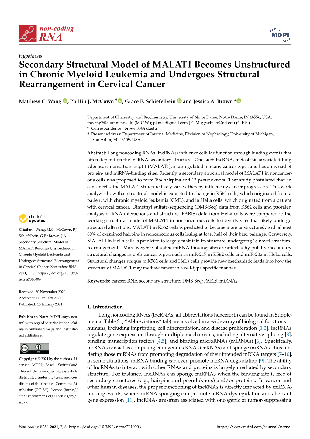 Secondary Structural Model of MALAT1 Becomes Unstructured in Chronic Myeloid Leukemia and Undergoes Structural Rearrangement in Cervical Cancer