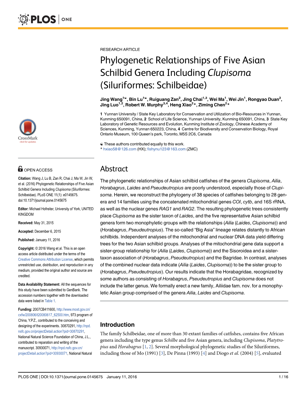 Phylogenetic Relationships of Five Asian Schilbid Genera Including Clupisoma (Siluriformes: Schilbeidae)