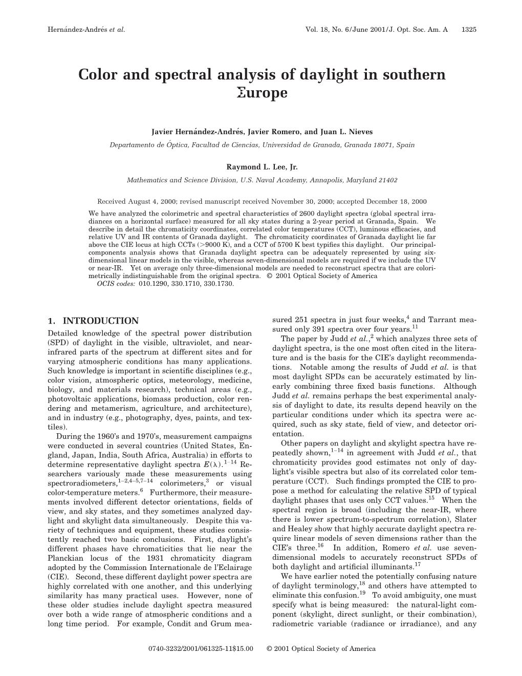 Color and Spectral Analysis of Daylight in Southern Europe