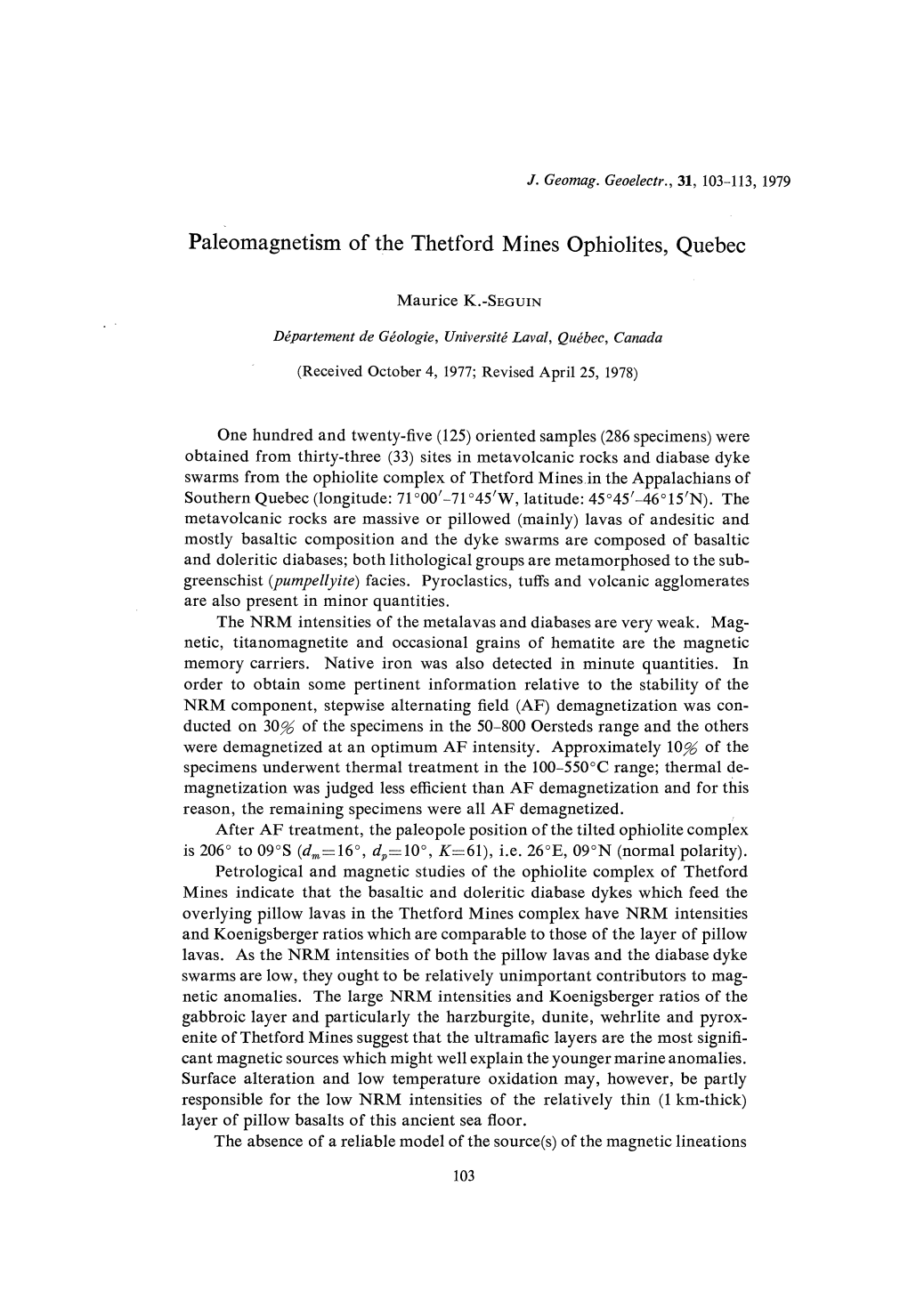 Paleomagnetism of the Thetford Mines Ophiolites, Quebec