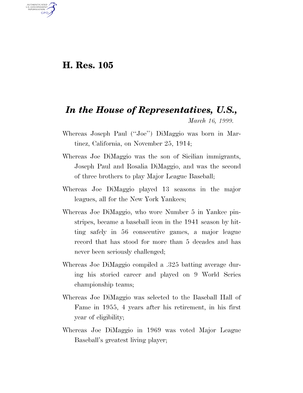 H. Res. 105 in the House of Representatives, U.S