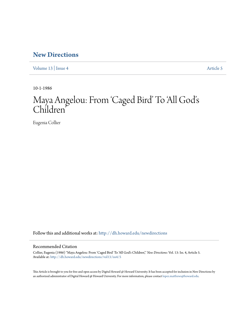 Maya Angelou: from ‘Caged Bird’ to ‘All God’S Children’ Eugenia Collier