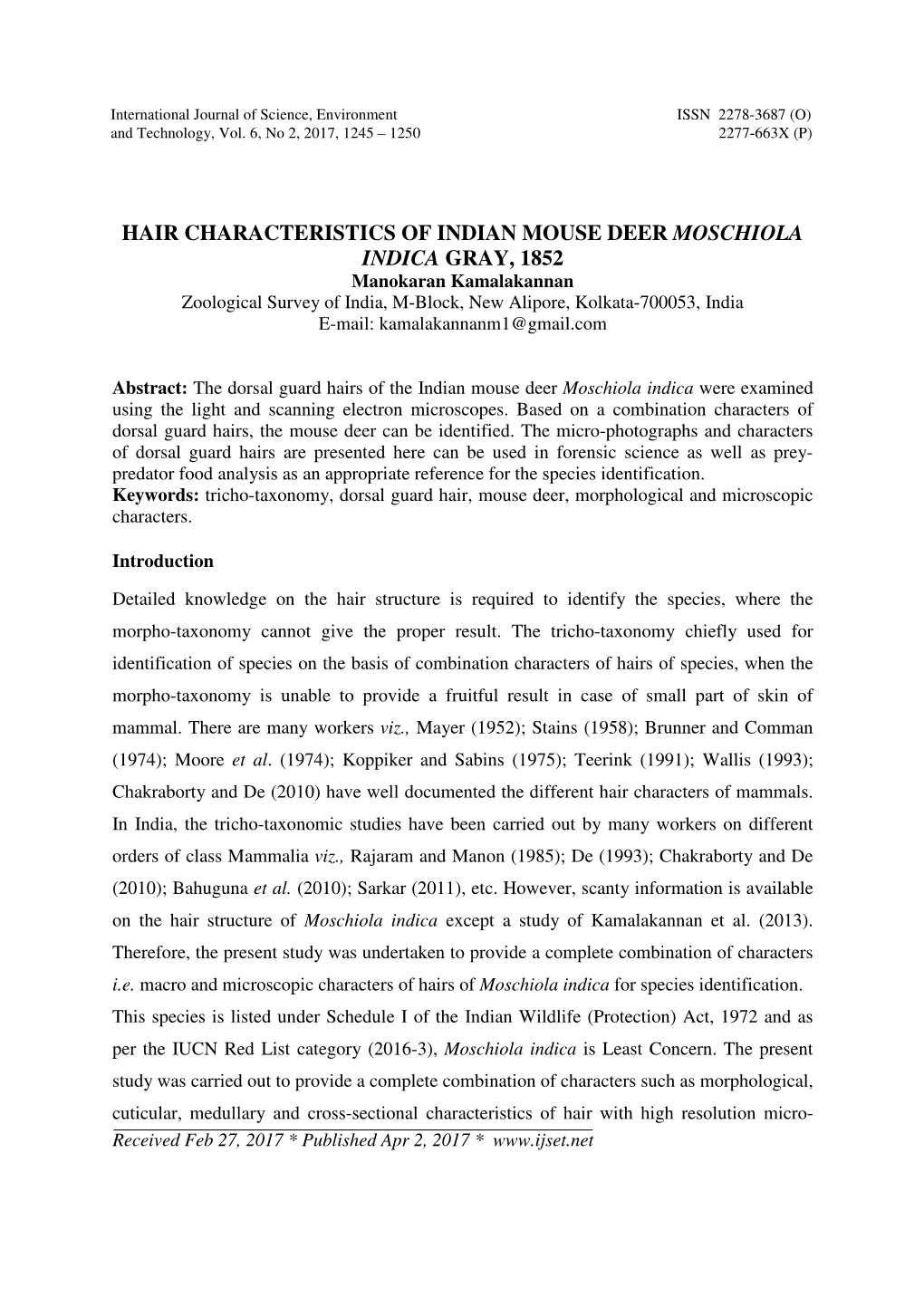 Hair Characteristics of Indian Mouse Deer Moschiola