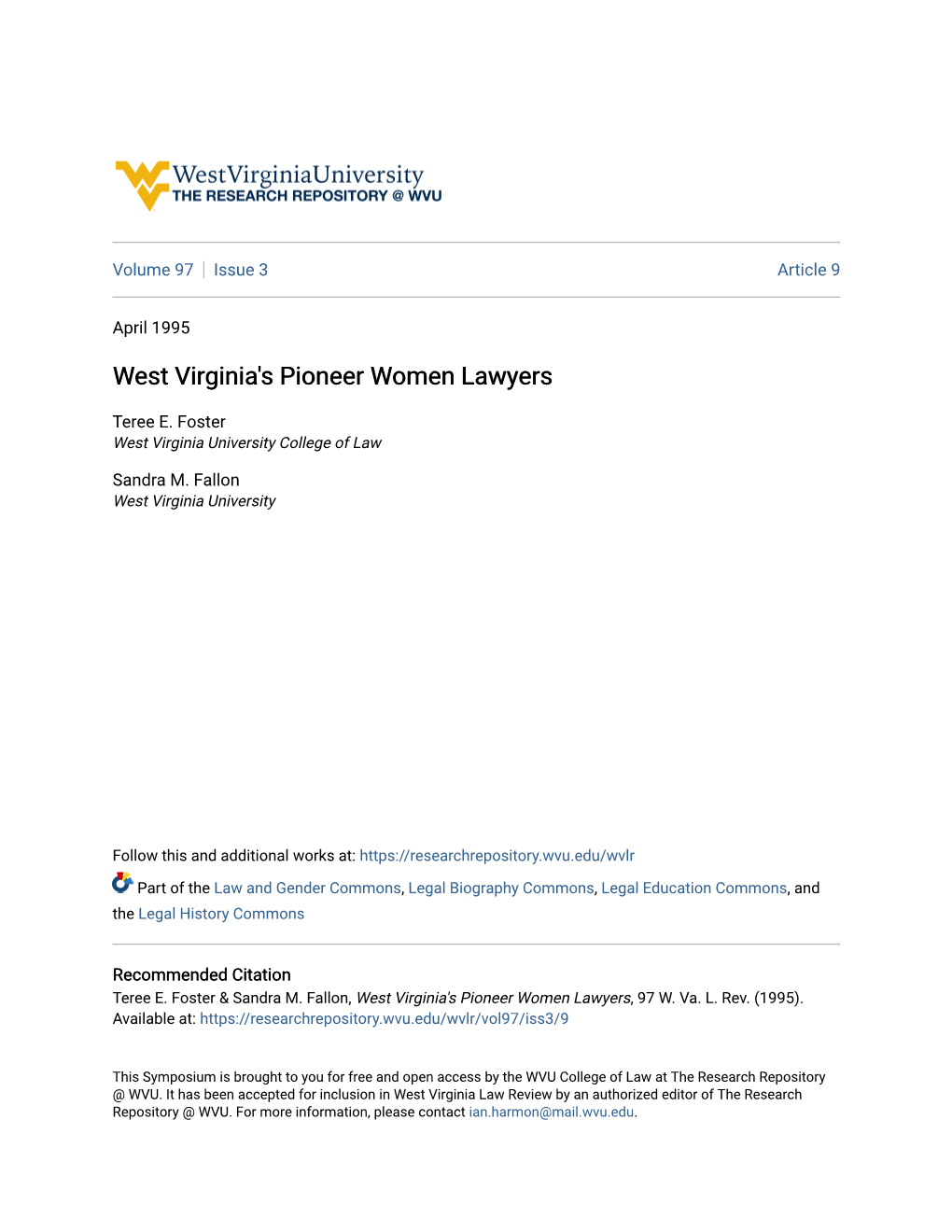West Virginia's Pioneer Women Lawyers