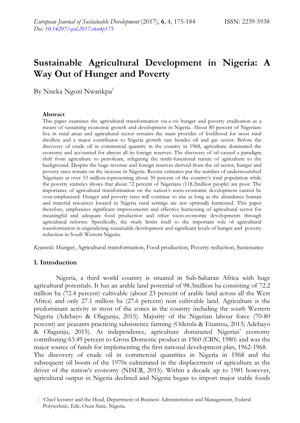 Sustainable Agricultural Development in Nigeria: a Way out of Hunger and Poverty