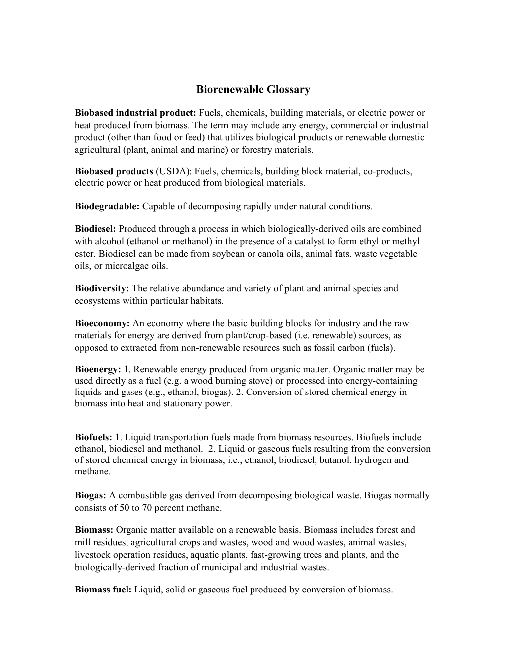 Biorenewable Glossary