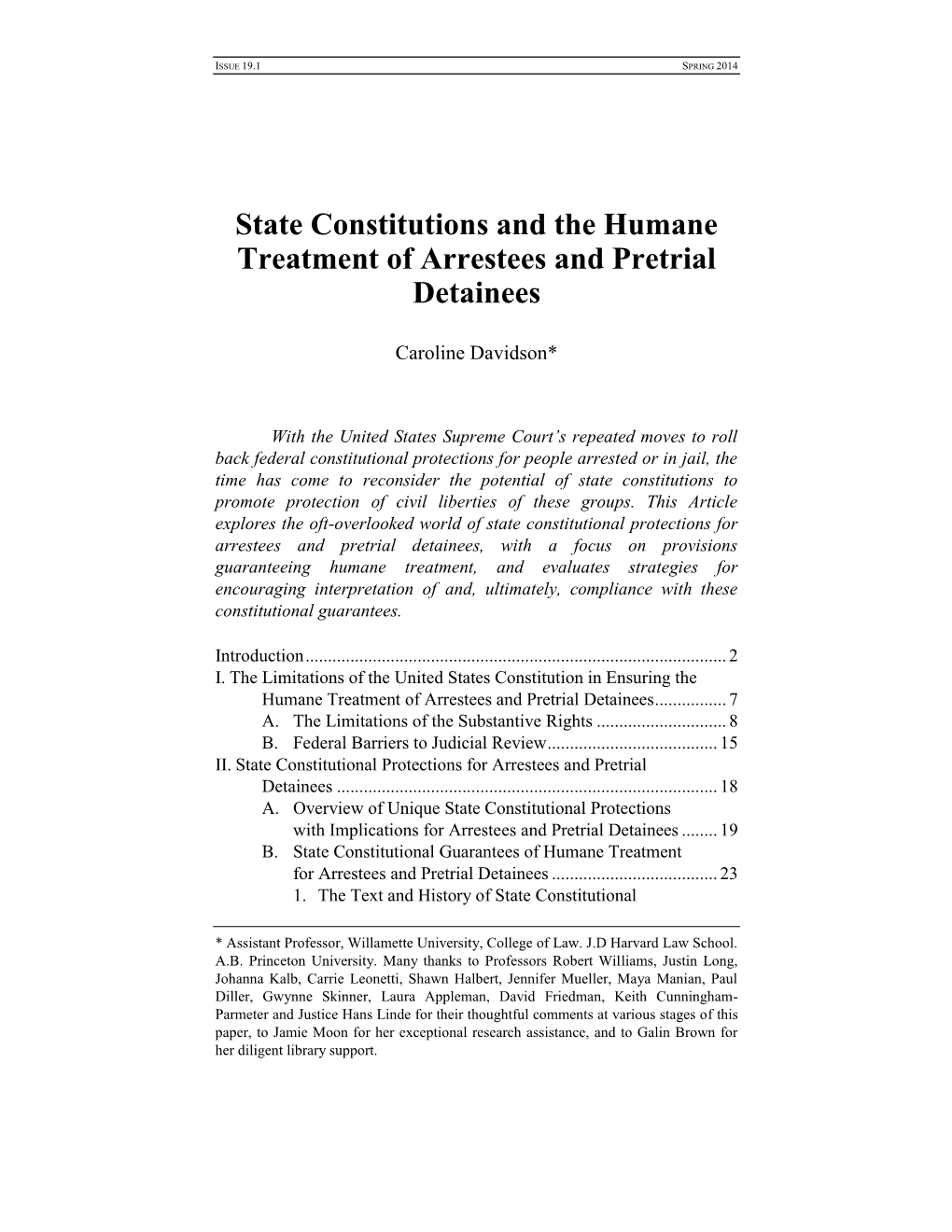 State Constitutions and the Humane Treatment of Arrestees and Pretrial Detainees