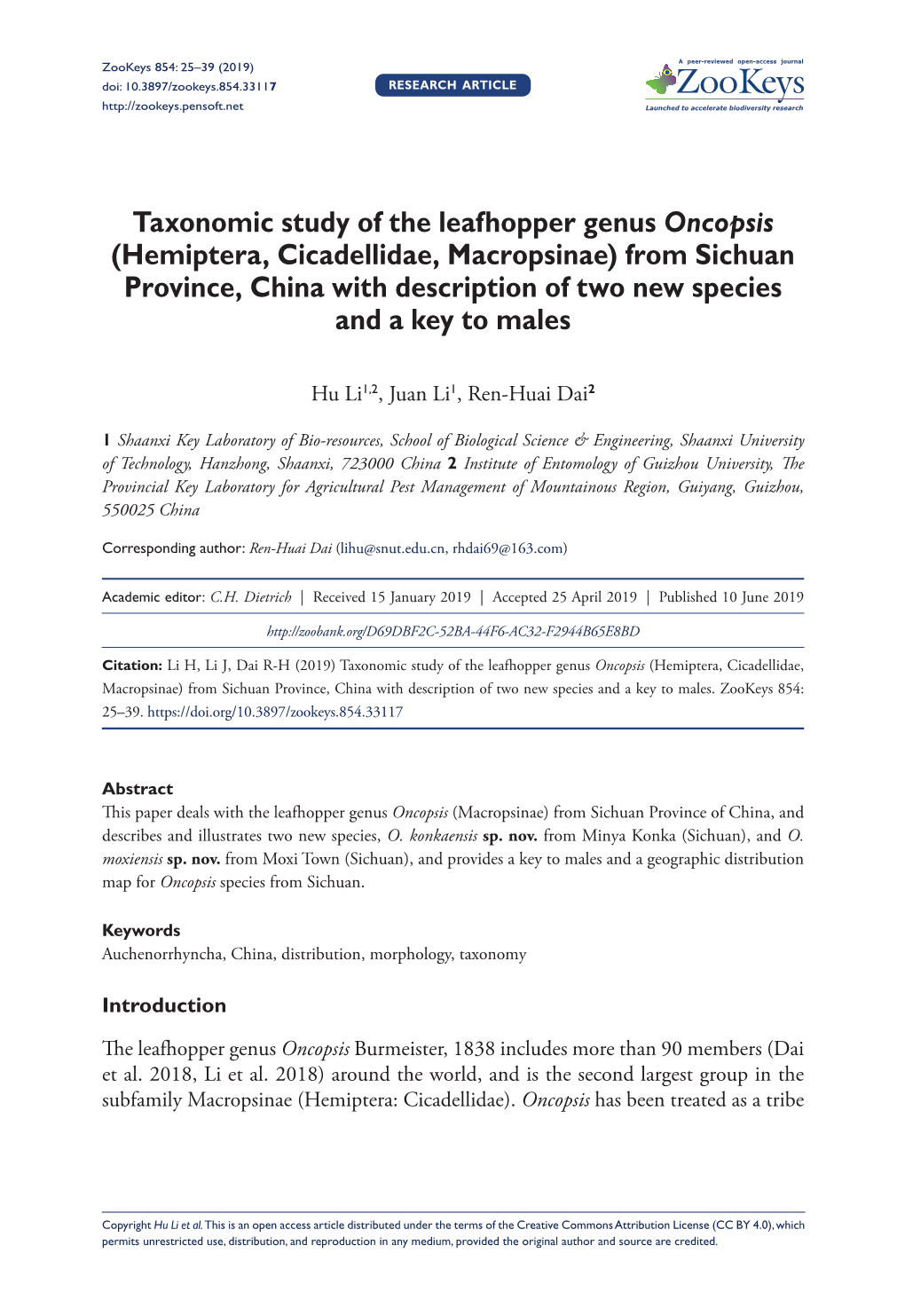 Taxonomic Study of the Leafhopper Genus Oncopsis