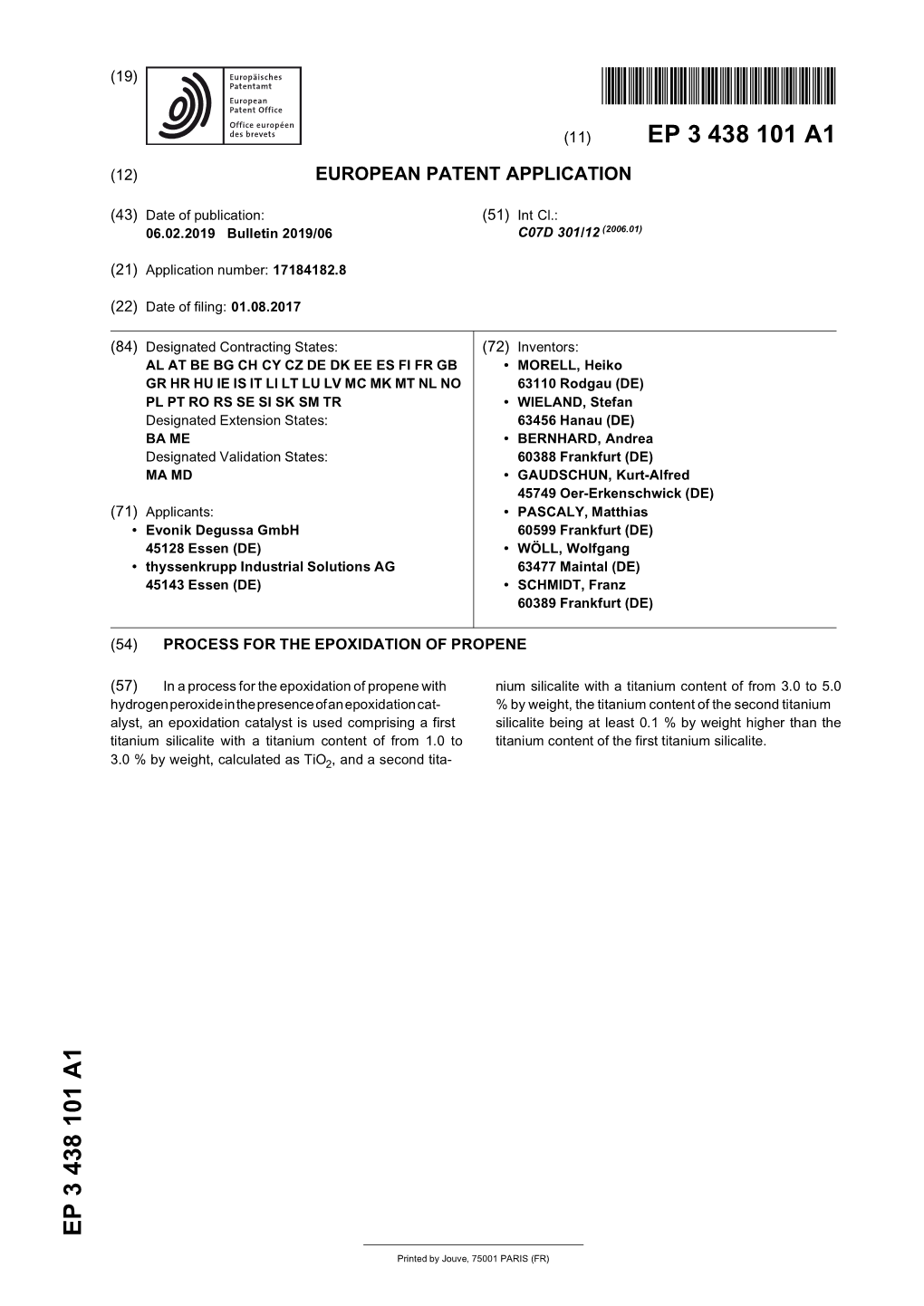 Process for the Epoxidation of Propene