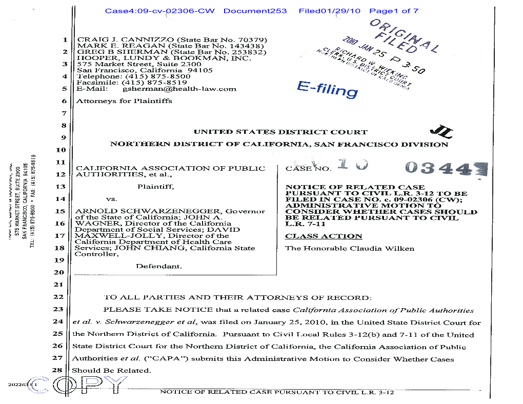 Notice of Related Case Pursuant to Civil Lr 3-12 To