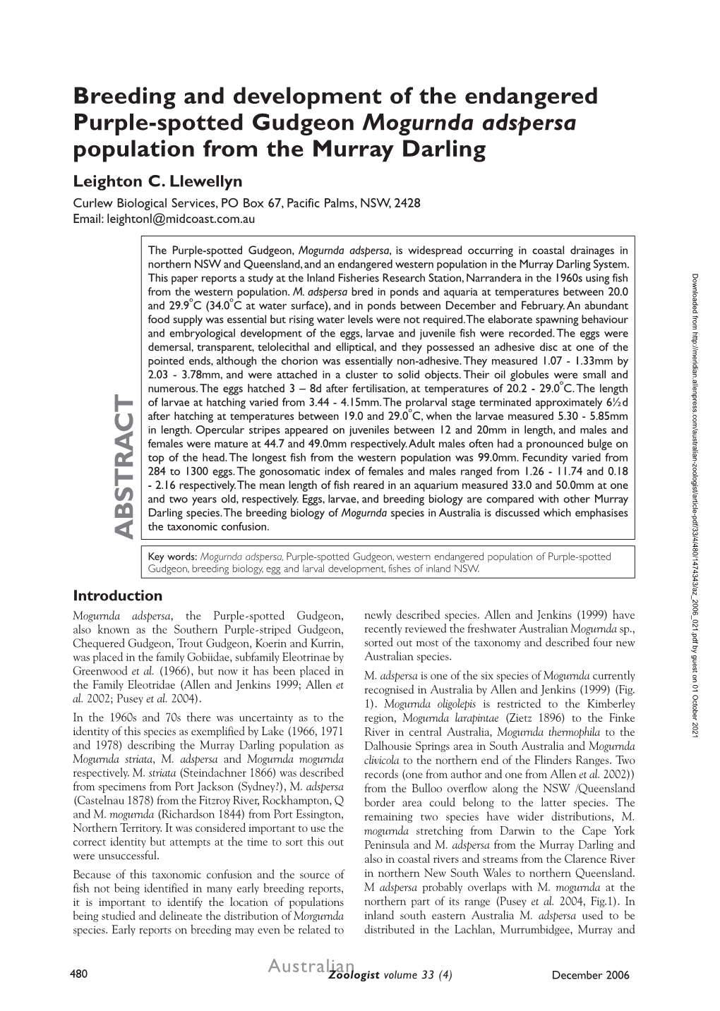 Breeding and Development of the Endangered Purple-Spotted Gudgeon Mogurnda Adspersa Population from the Murray Darling Leighton C