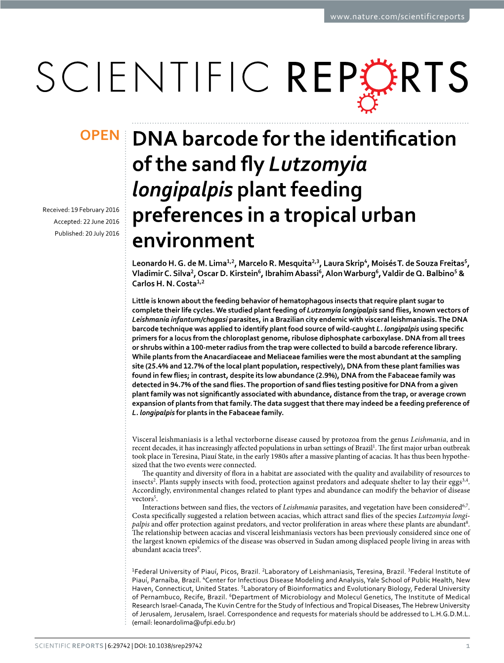 DNA Barcode for the Identification of the Sand Fly Lutzomyia Longipalpis Plant Feeding Preferences in a Tropical Urban Environment