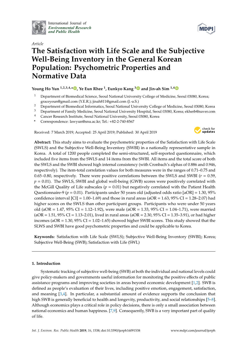 The Satisfaction with Life Scale and the Subjective Well-Being Inventory in the General Korean Population: Psychometric Properties and Normative Data