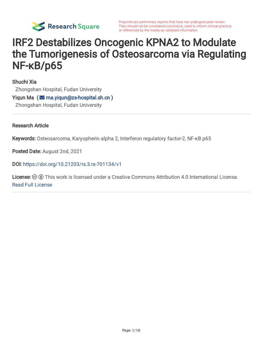 IRF2 Destabilizes Oncogenic KPNA2 to Modulate the Tumorigenesis of Osteosarcoma Via Regulating NF-Κb/P65