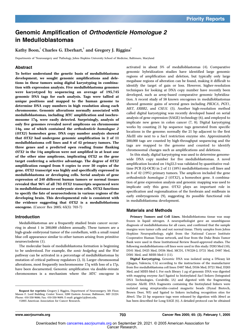 Genomic Amplification of Orthodenticle Homologue 2 in Medulloblastomas