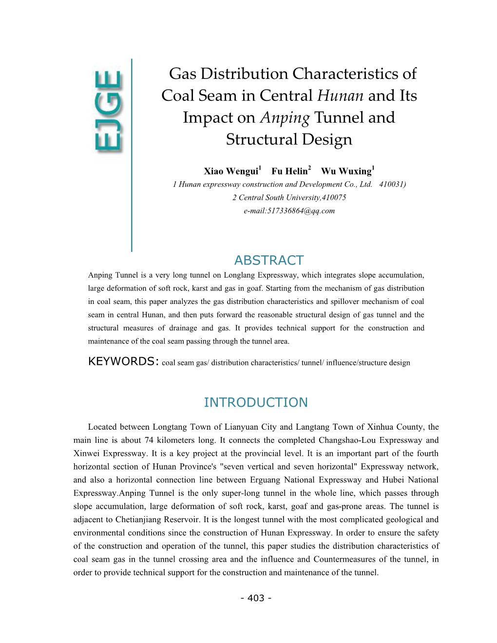 Gas Distribution Characteristics of Coal Seam in Central Hunan and Its Impact on Anping Tunnel and Structural Design