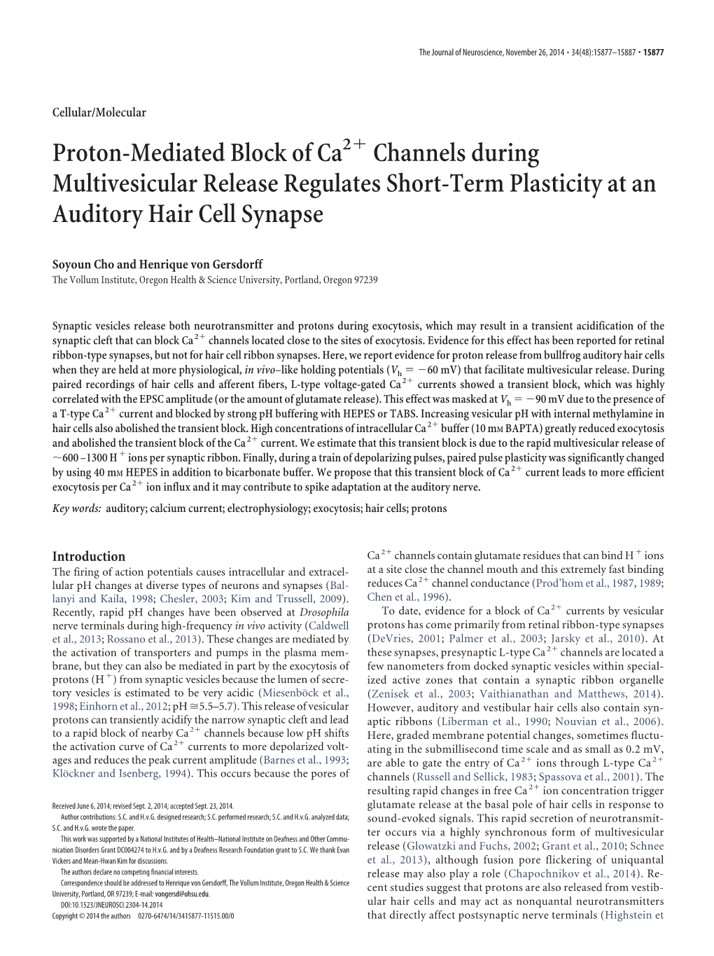 Proton-Mediated Block of Ca Channels During Multivesicular Release Regulates Short-Term Plasticity at an Auditory Hair Cell Syna