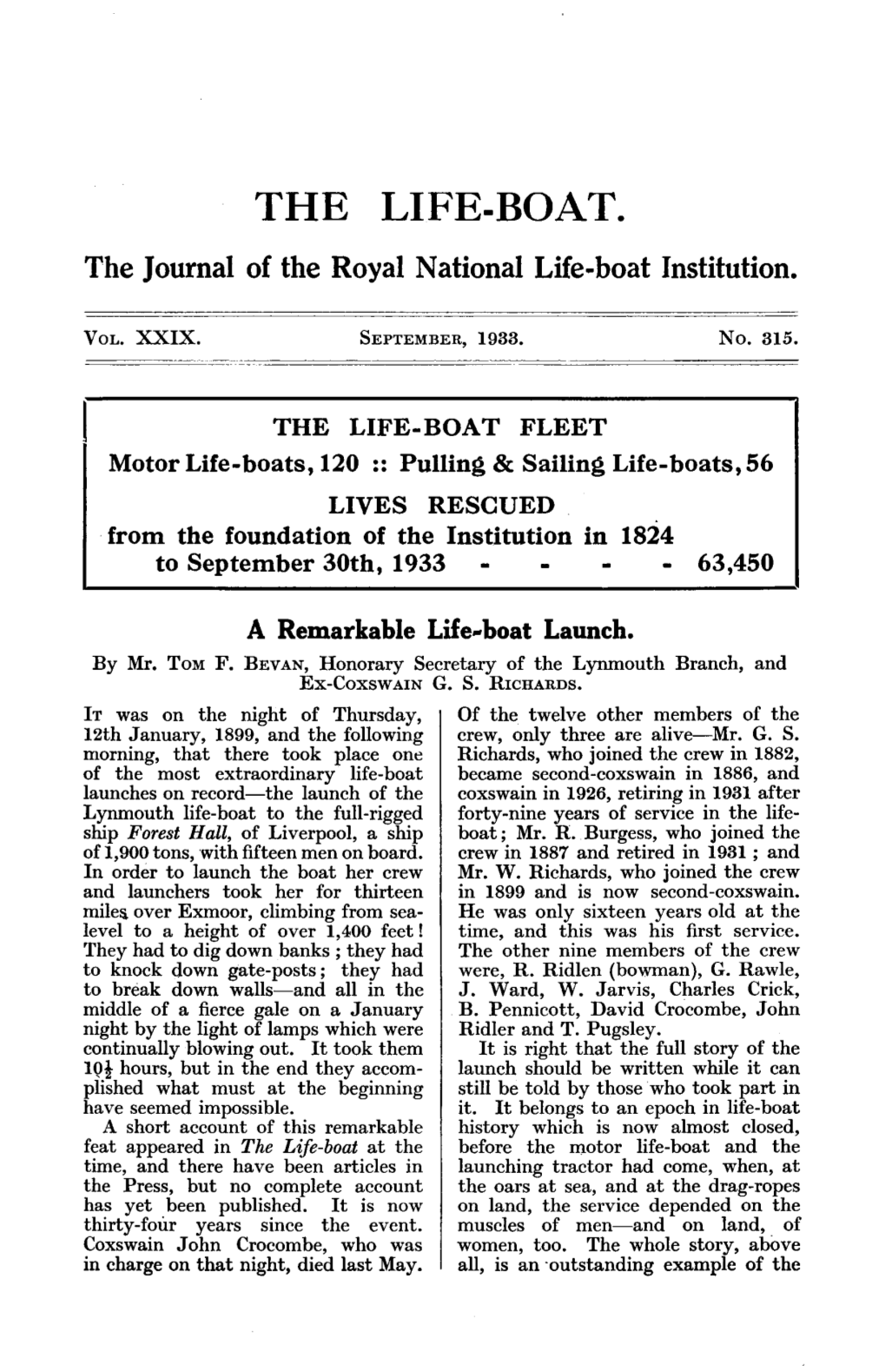 THE LIFE-BOAT. the Journal of the Royal National Life-Boat Institution