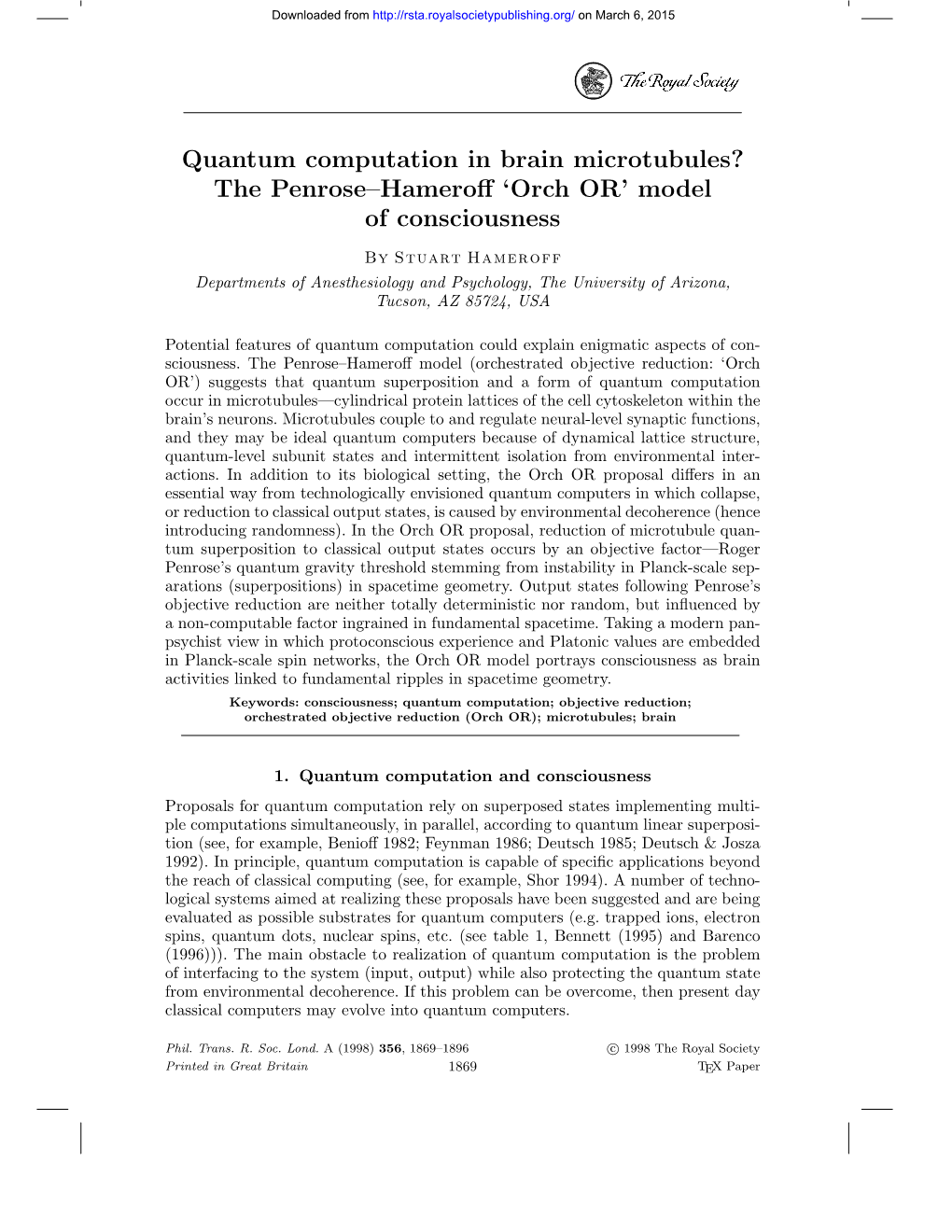 The Penrose–Hameroff 'Orch OR' Model Of