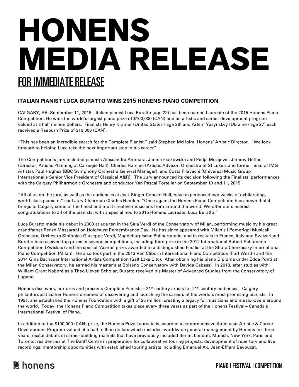 Honens Media Release for Immediate Release