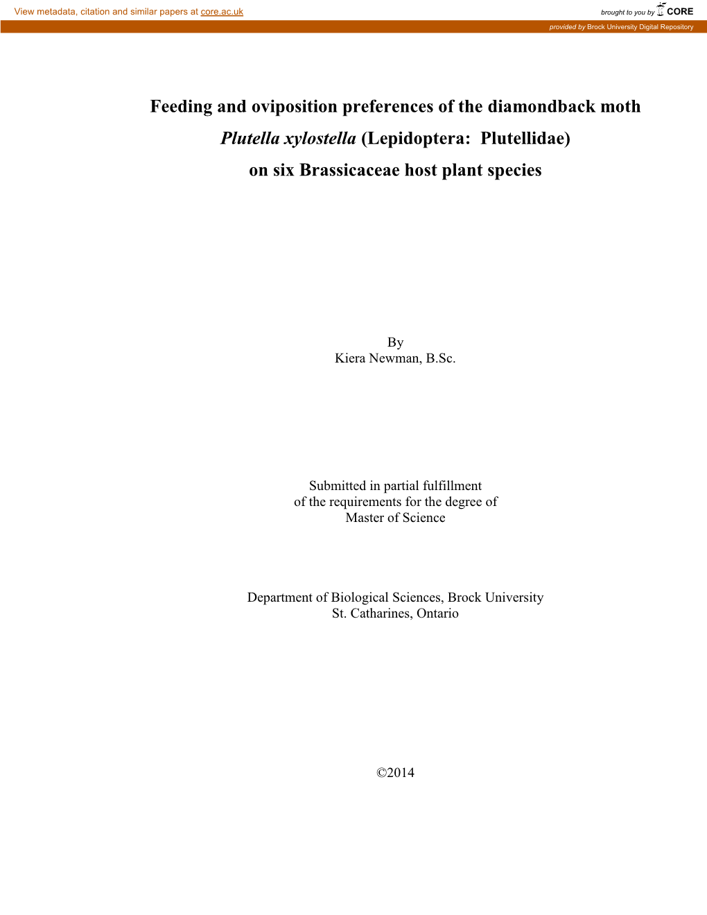 Feeding and Oviposition Preferences of the Diamondback Moth Plutella Xylostella (Lepidoptera: Plutellidae) on Six Brassicaceae Host Plant Species