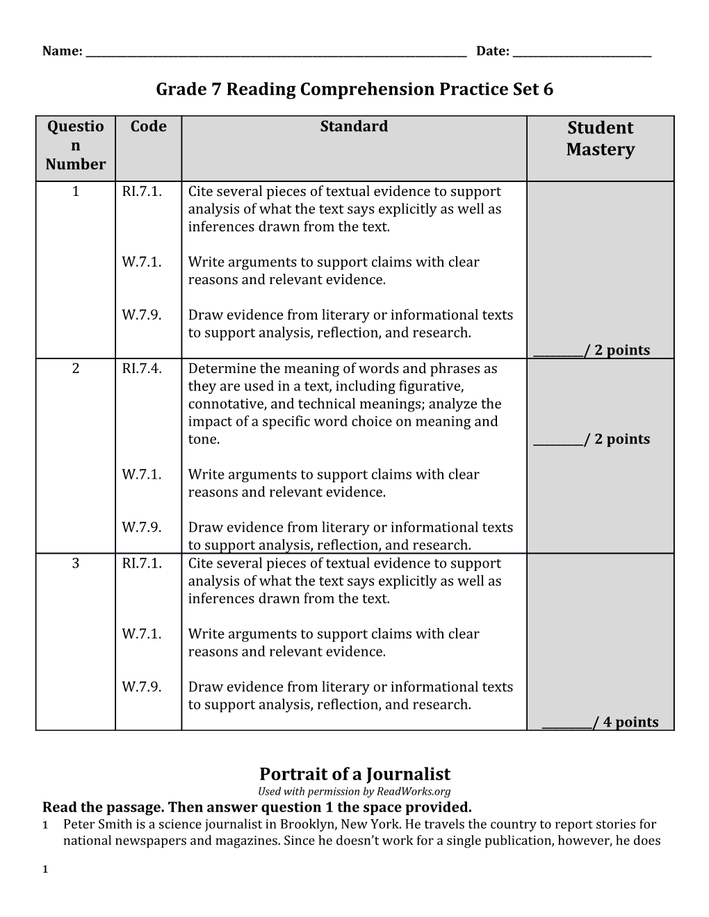 Grade 7 Reading Comprehension Practice Set 6