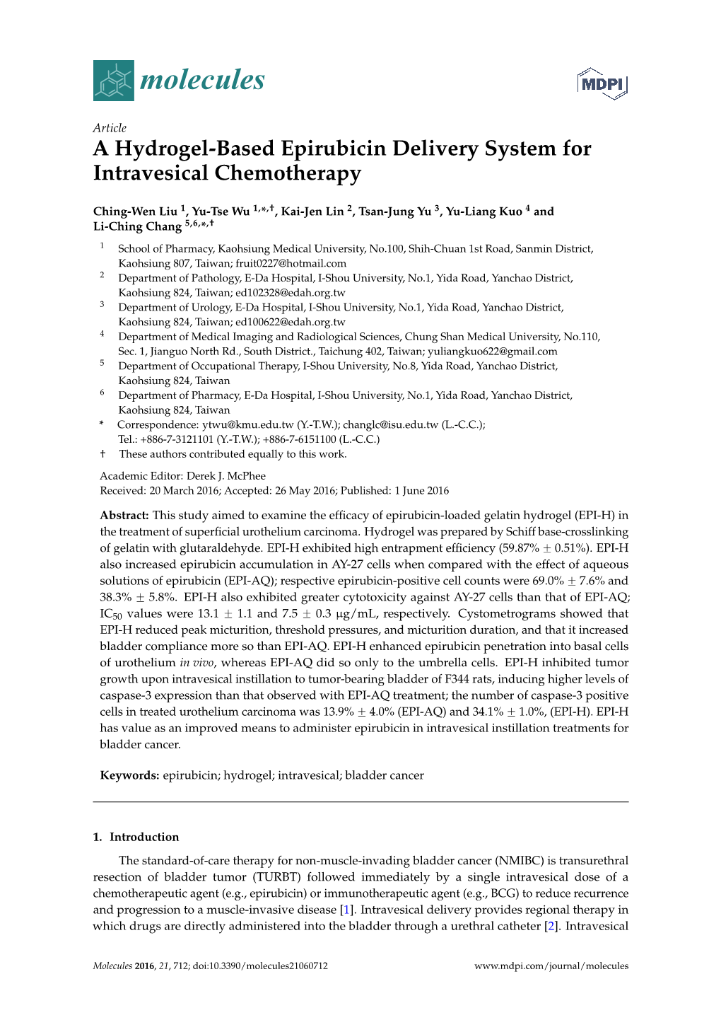 A Hydrogel-Based Epirubicin Delivery System for Intravesical Chemotherapy