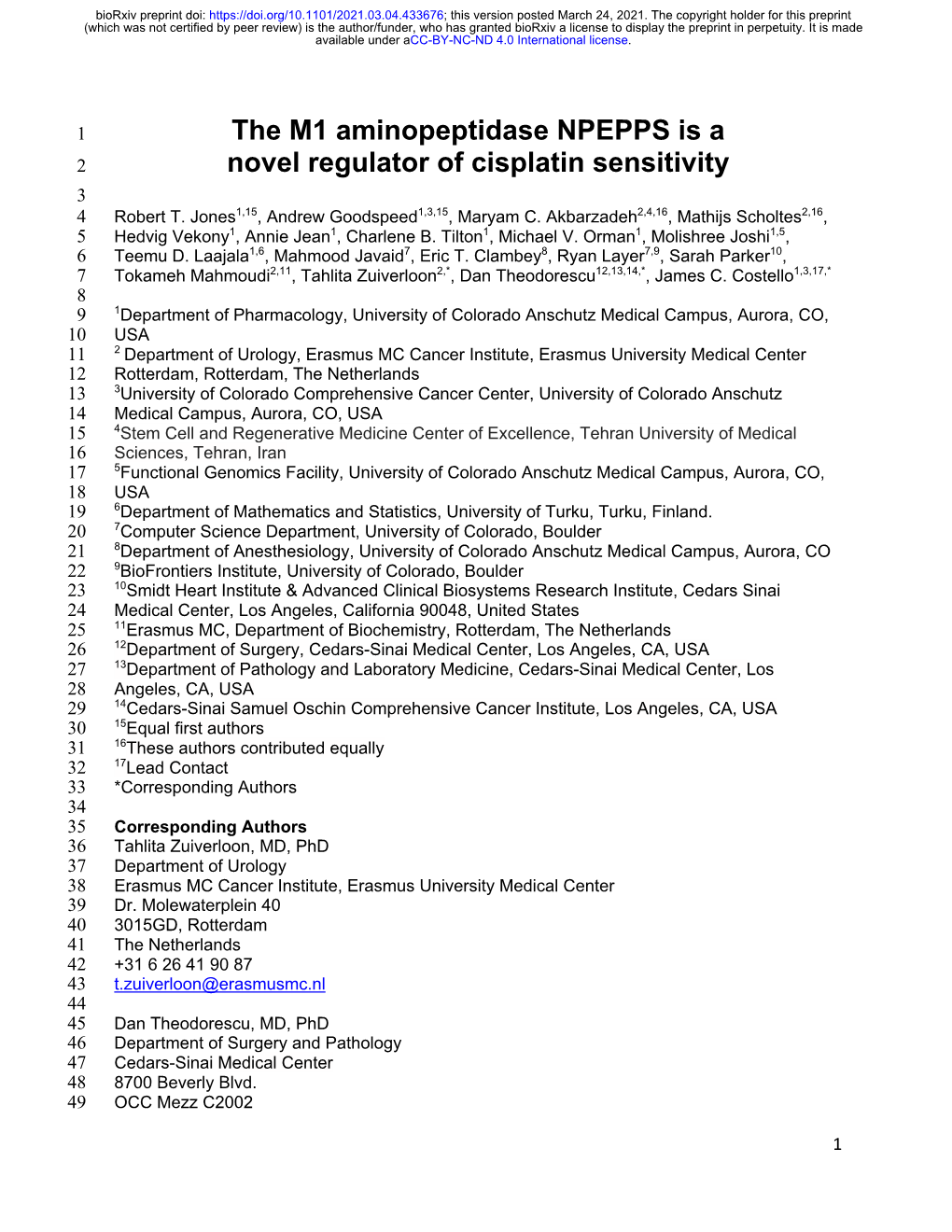 The M1 Aminopeptidase NPEPPS Is a Novel Regulator of Cisplatin