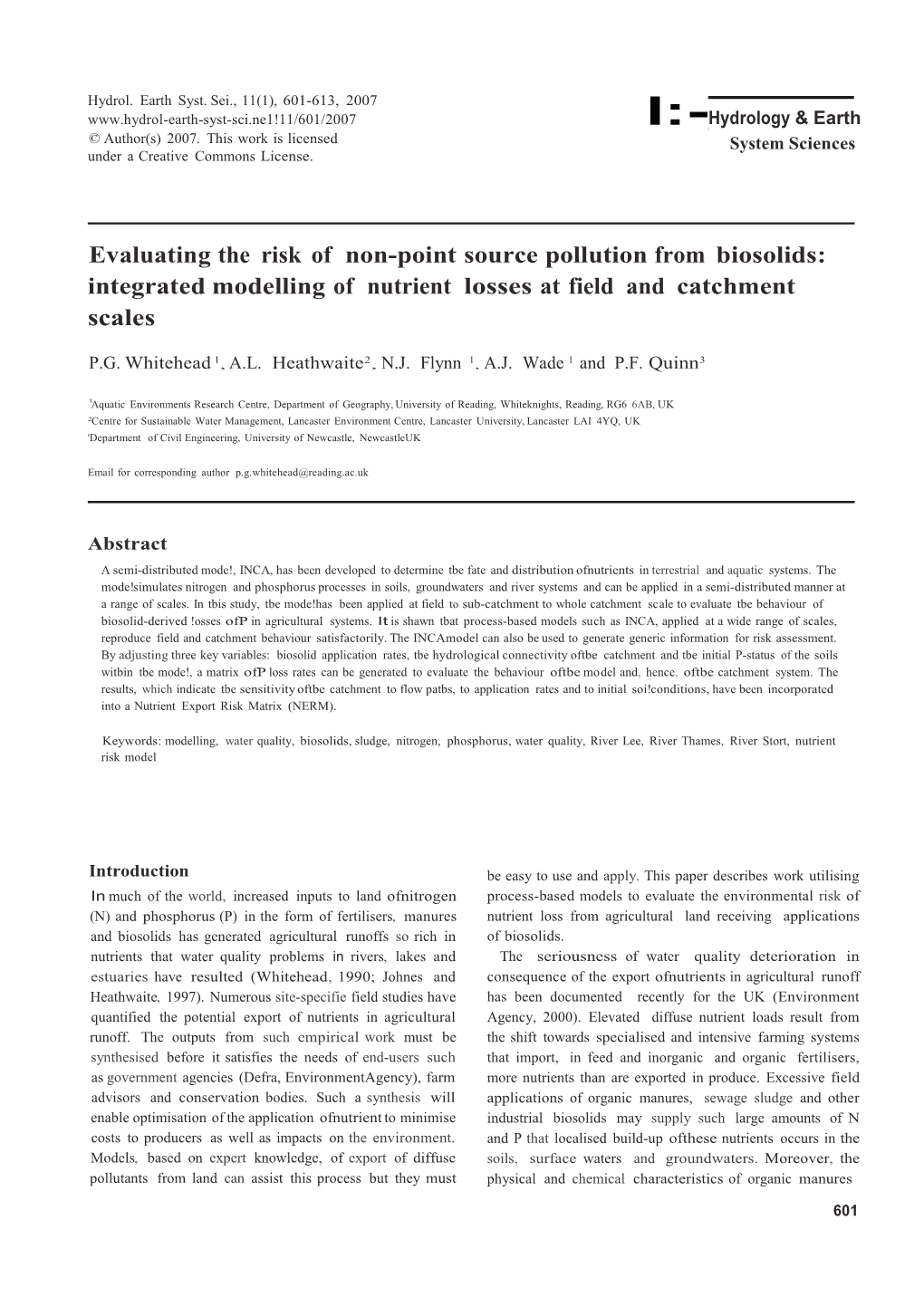 Evaluating the Risk of Non-Point Source Pollution from Biosolids: Integrated Modelling of Nutrient Losses at Field and Catchment Scales