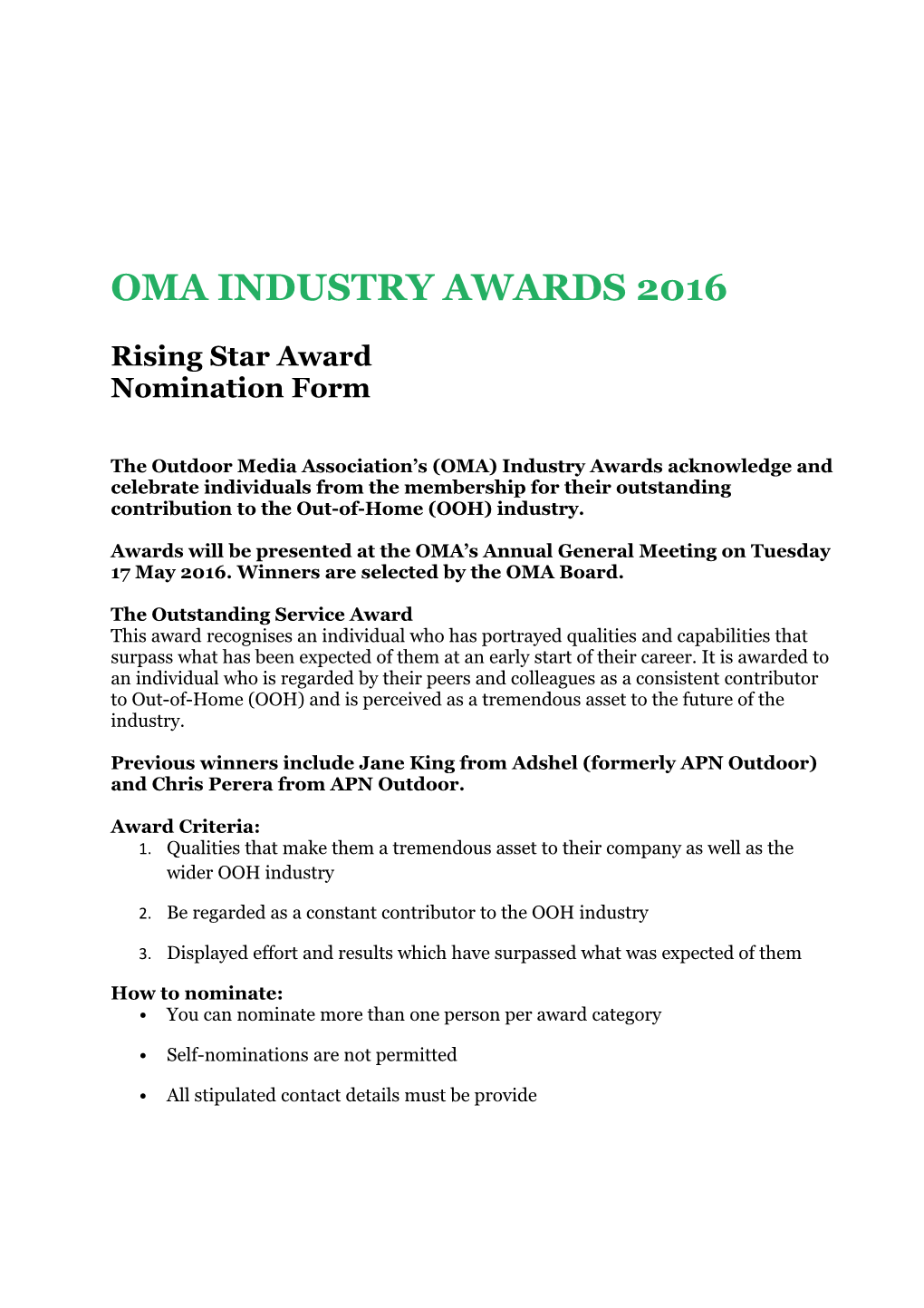 OMA INDUSTRY AWARDS 2016 Rising Star Award Nomination Form