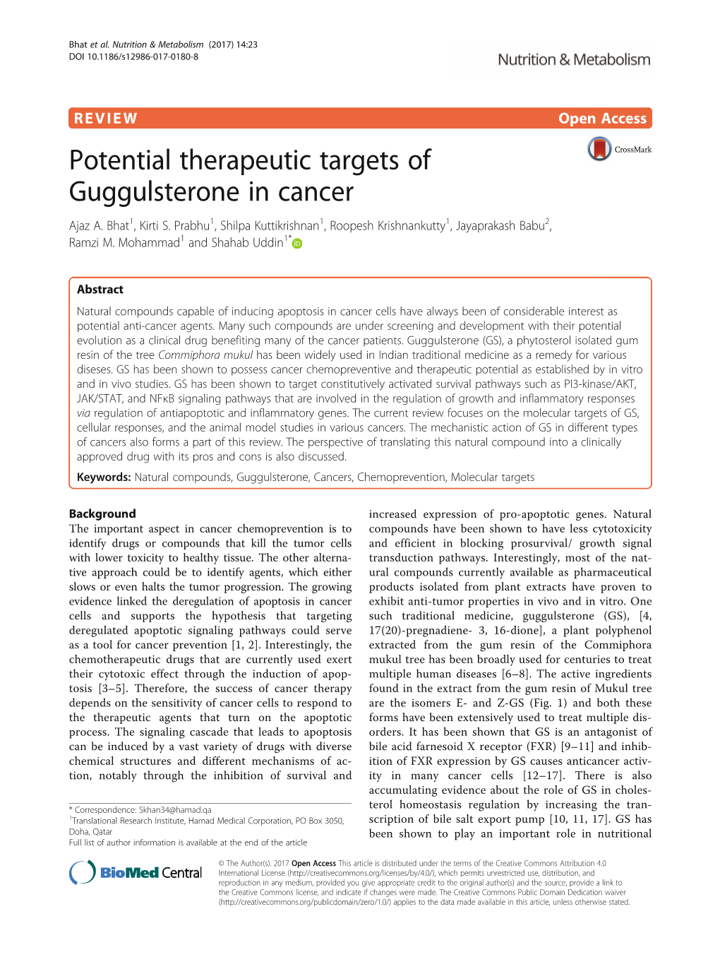 Potential Therapeutic Targets of Guggulsterone in Cancer Ajaz A