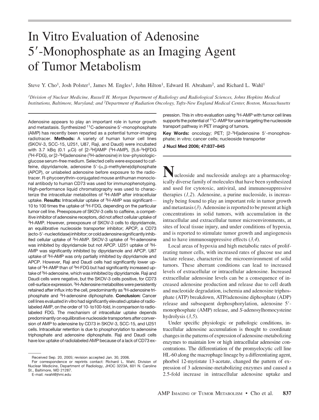 In Vitro Evaluation of Adenosine 59-Monophosphate As an Imaging Agent of Tumor Metabolism