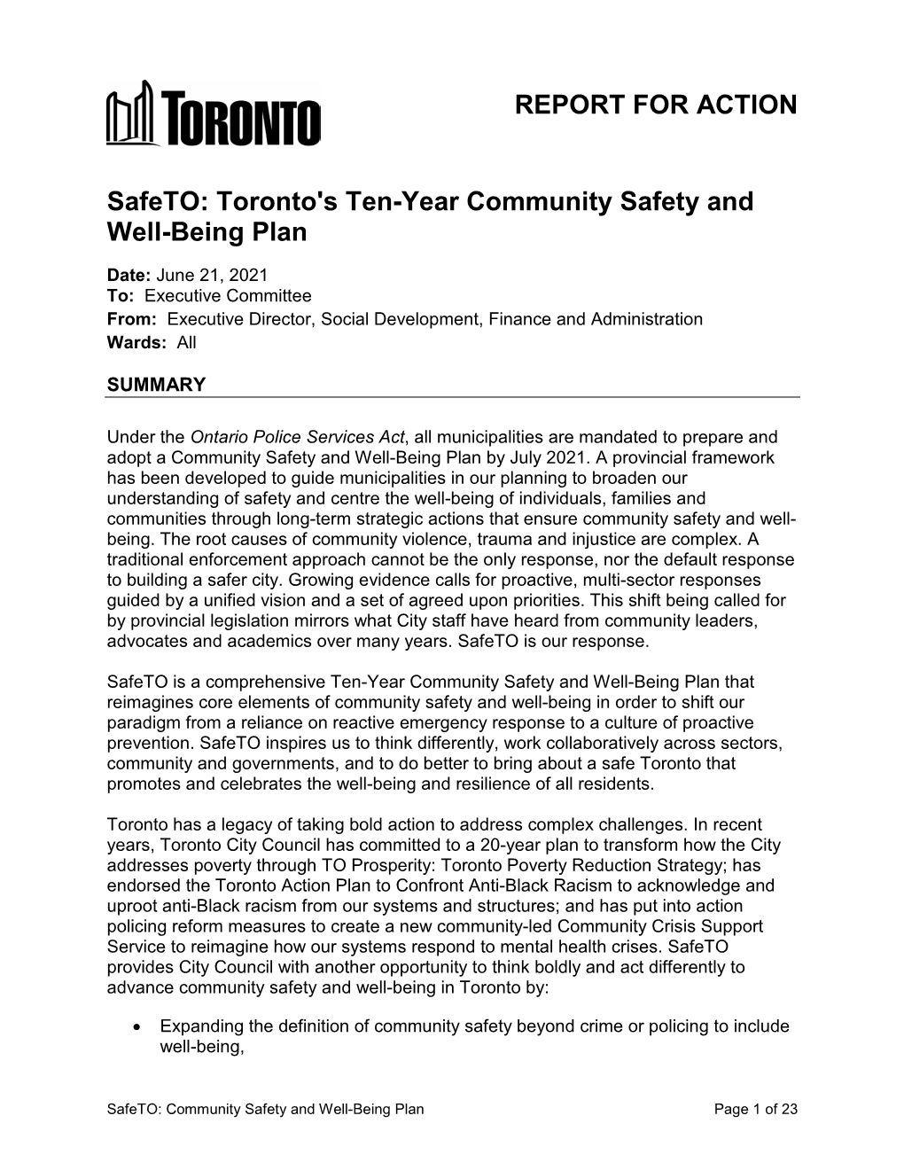 Safeto: Toronto's Ten-Year Community Safety and Well-Being Plan